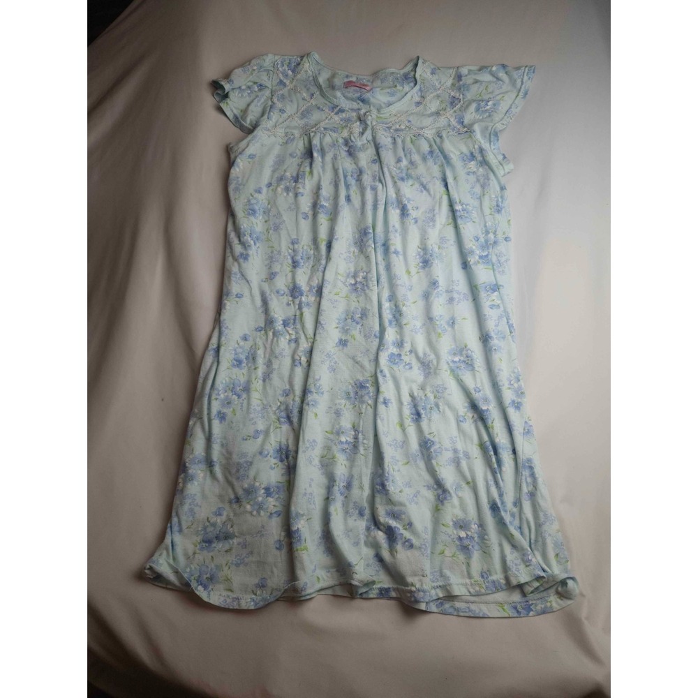 Pink Label Nightgown Womens Large Blue Floral Knit Lace Trim Short Sleeve Lounge